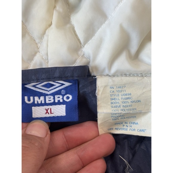 Vintage Umbro Jacket Mens XL Blue Parka Coat Soccer‎ 90s All Over Print Puffer - Picture 9 of 11
